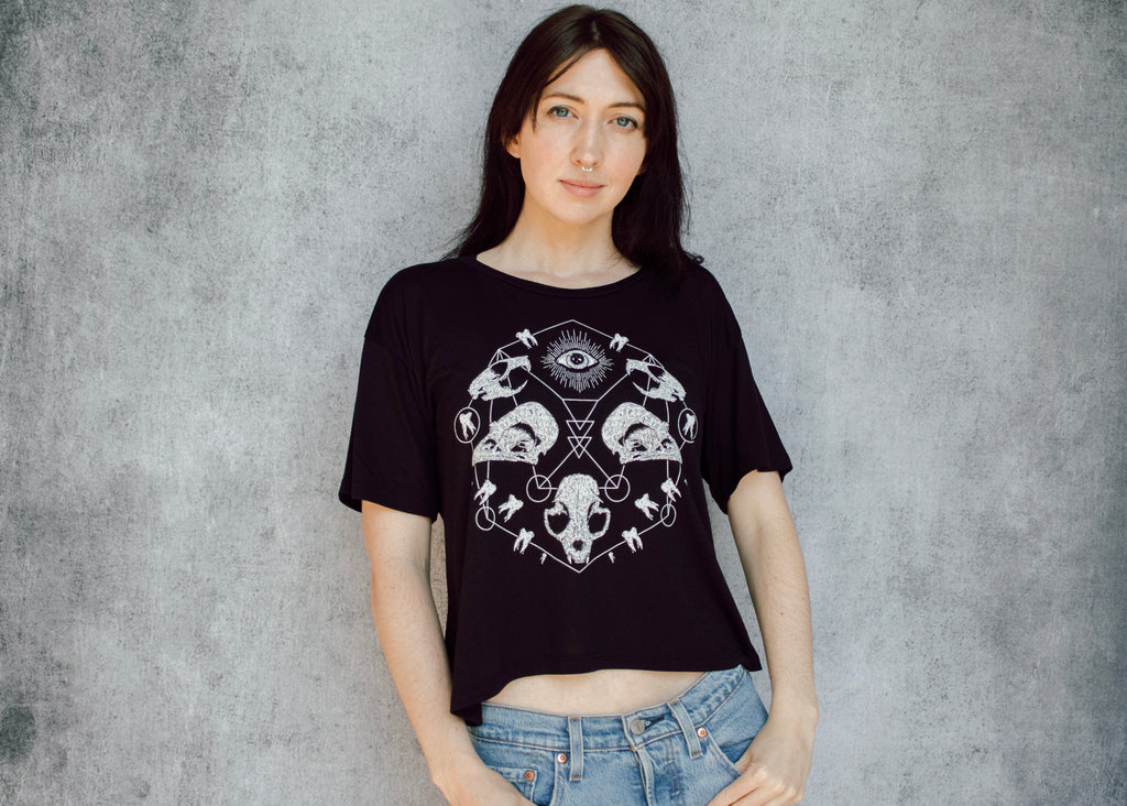 Skull Grid Open Neck Crop Tee