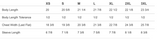 A sizing table with columns for S, XS, M, L, XL, 2XL, and 3XL, showing body length, body length tolerance, chest width laid flat, and sleeve length in inches and fractions. Please contact us for details if you need assistance with sizing. 