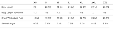 A sizing table with columns for S, XS, M, L, XL, 2XL, and 3XL, showing body length, body length tolerance, chest width laid flat, and sleeve length in inches and fractions. Please contact us for details if you need assistance with sizing. 